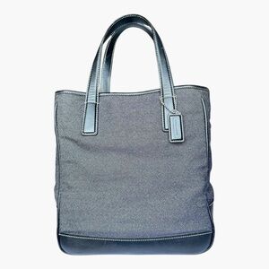Coach Denim Wool Canvas Tote Blue Leather Trim Work Bag Quiet Luxury
